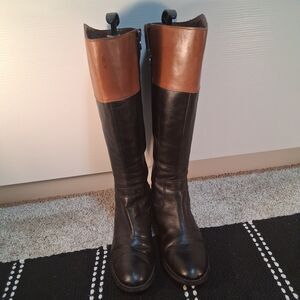 Etienne Aigner Leather Riding Boots Two-Toned Size 7.5 Stacked Heel Wide Shaft